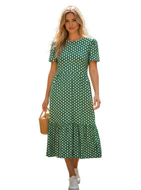 BODEN Emma Tiered Jersey Midi Dress Green Geometric US Size 10